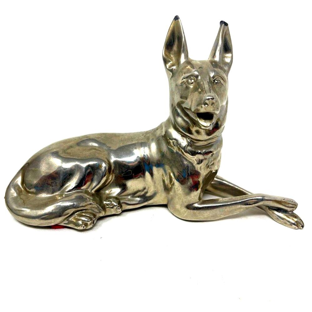 Vintage MCM Silver Plated German Shepherd Dog Metal Figurine Laying Down 8"